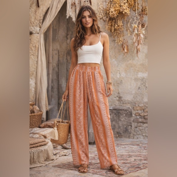 Forever 21 Pants - Forever 21 Paisley Wide Leg Palazzo Pants Boho Orange Cream Size L